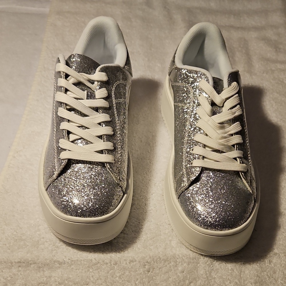 J.Adams Hero Glossy Silver Glitter Lace‎ Up Women's Sneakers